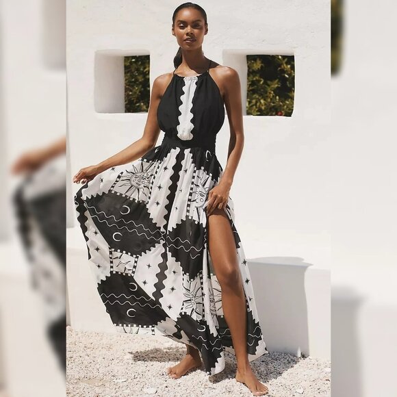 Anthropologie Tigre Indigo Halter Maxi Dress L 10 Printed Lightweight Slit 42955 - Picture 1 of 5